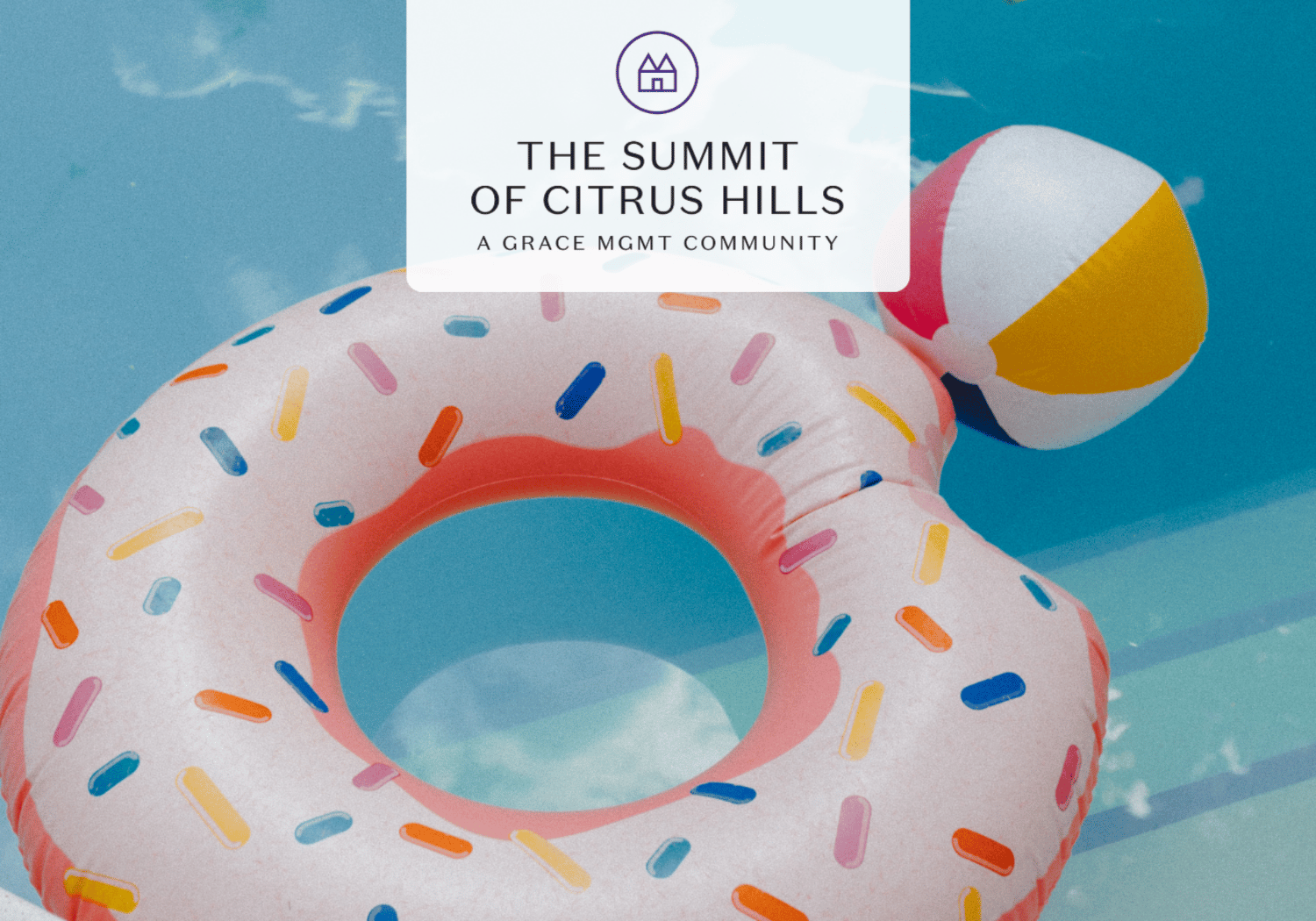 Promotional pool-side banner for The Summit of Citrus Hills with a donut float and a beach ball, overlaid logo and text.